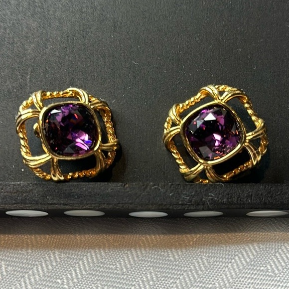 Swarovski Crystals Earrings clip-on vintage amethyst gold rope trim - Picture 2 of 6